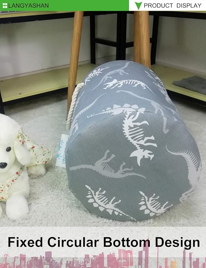 LANGYASHAN Laundry Basket Canvas Collapsible Organizer Storage Basket for Boys Girls Laundry Hamper Toy Bins Gift Baskets Bedroom Clothes Children Nursery (Gray Dinosaur skeleton)
