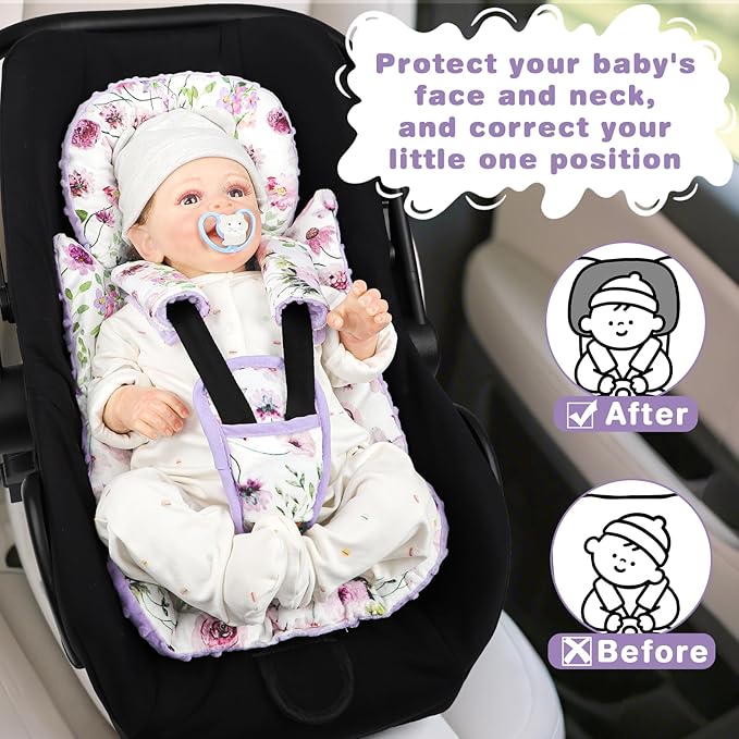 GFU 3-in-1 Infant Car Seat Insert, Soft Head and Body Support,Ultra & Strap Covers Set, Reversible Newborn Car Seat Cushion Pad for Baby Boy & Girl fits Stroller, Swing, Bouncer (Purple)