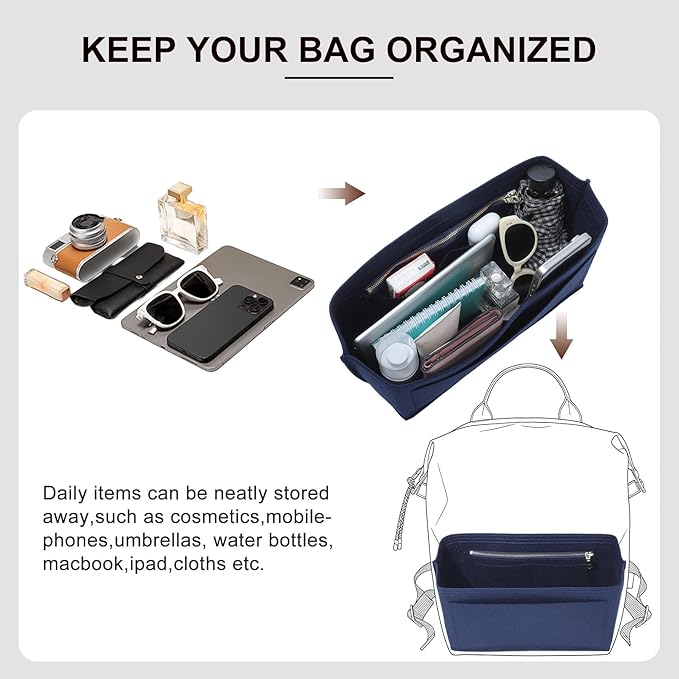 Premium Felt Purse Organizer Insert Compatible with Long Champ Le Pliage L Backpack, Lightwieight Bag Divider Shaper with 8 Pockets & YKK Zipper, Blue/LB
