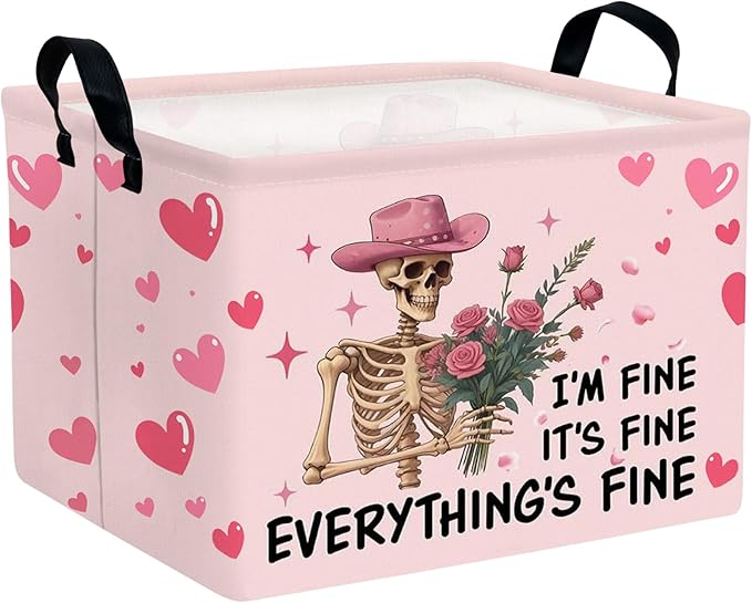 ASKETAM Valentine's Day Basket Gift for Empty Cute Heart Large Storage Bin for Kid and Baby Room Décor (Pink Rose Skull Heart)