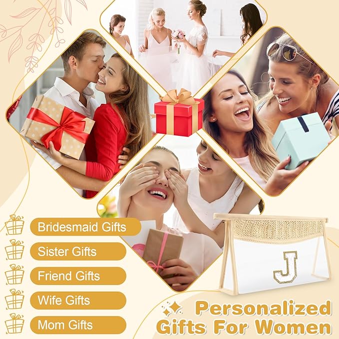Personalized Initial Letter Bag Boho Straw Clear Makeup Bag,Small Cute Chenille Varsity Letter Pouch With Zipper,Beach Travel Toiletry,Portable Monogrammed Cosmetic Bag for Women Girls,J