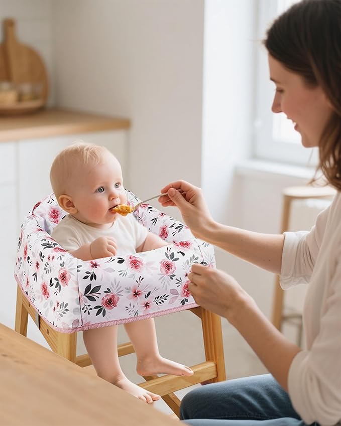 Lunobubo Baby High Chair Cover Restaurant with Strap Pads & 3-Point Harness, Machine Washable, Waterproof Portable Highchair Covers for Eating, Travel, Home Use - Fits Wooden Chairs, Pink Flowers