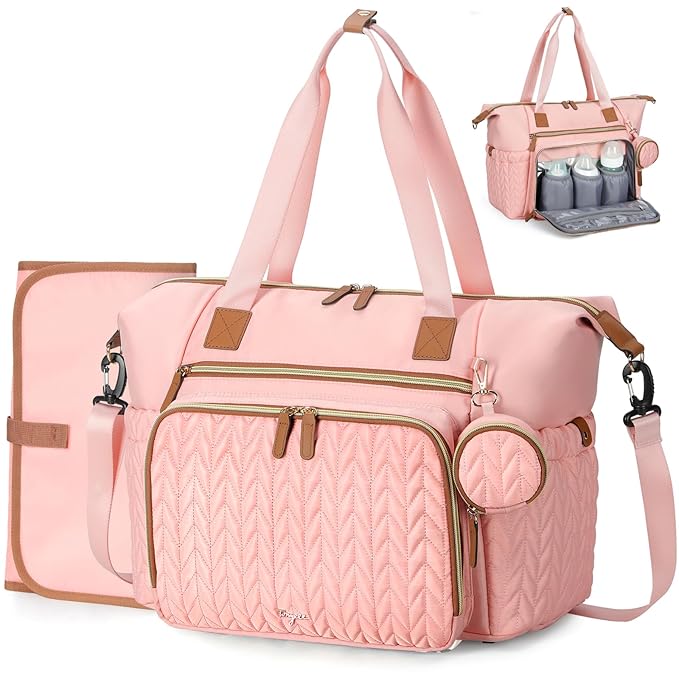 Tonyeee Diaper Bag Tote, Large Diaper Bags Waterproof, Hospital Bag for Labor Delivery, Baby Bag with Pacifier Case, Travel Diaper Tote with Changing Pad, Pink