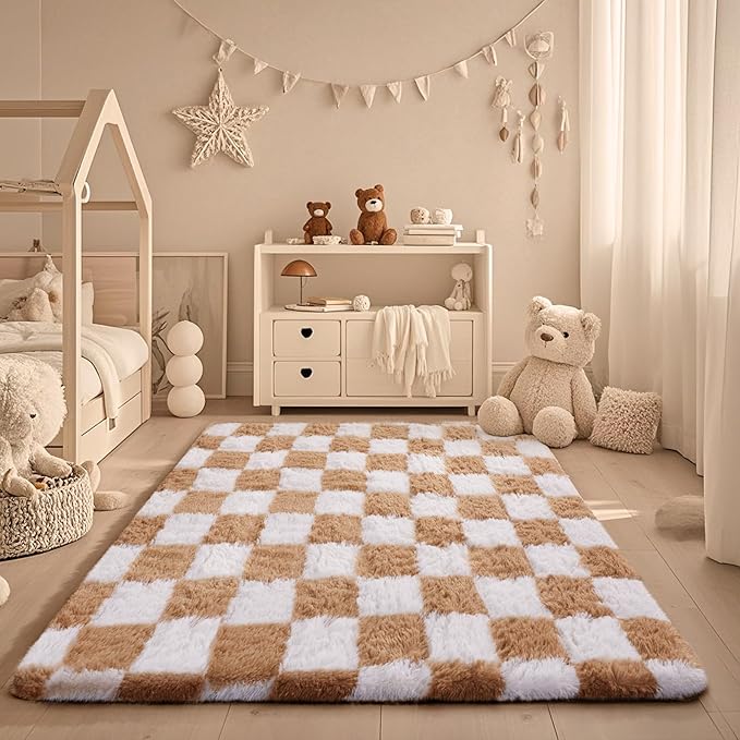 Ophanie Area Rugs for Bedroom Living Room,Color Checkered Beige & White,Size 4' x 6',Shape Rectangular