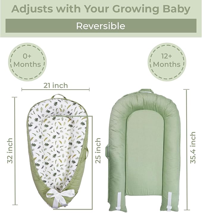 Aila+Aiden Baby Lounger | Organic Cotton Infant Lounger | Reversible, Adjustable & Portable Floor Lounger |Supervised Use | Soft, Breathable, Washable Cover - Star Collection (Sage Leaf)
