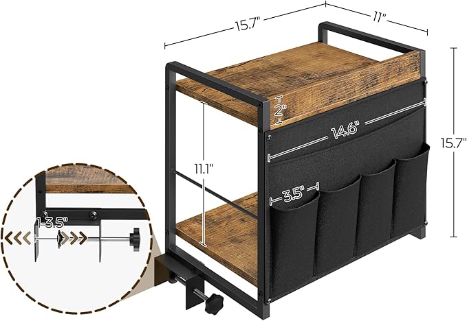 Bedside Shelf, Bunk Bed Shelf with Fabric Pockets Storage, Clip-on Loft & Bunk Bed Tray Shelf for College, Nightstand for Apartment, Sofa, Bedroom, Rustic Brown and Black ET20BR