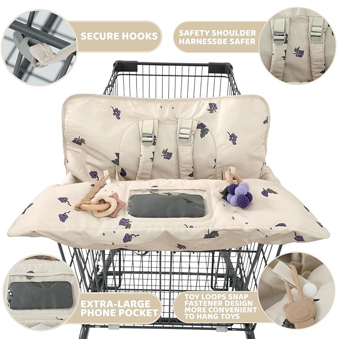 Shopping Cart Cover for Baby 2 in 1 High Chair Covers for Restaurant Comfortable Grocery Cart Seat Covers for Infant, Toddler Universal Suitable for Most Shopping Carts Machine Washable, Grape