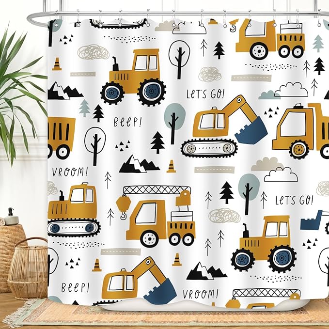 Construction Truck Shower Curtain Cartoon Excavator Vehicle Tractor Cars for Boys Kids Machinery Navy Blue Yellow Bathroom Decor Waterproof Fabric 72Lx72W Inch with Hooks