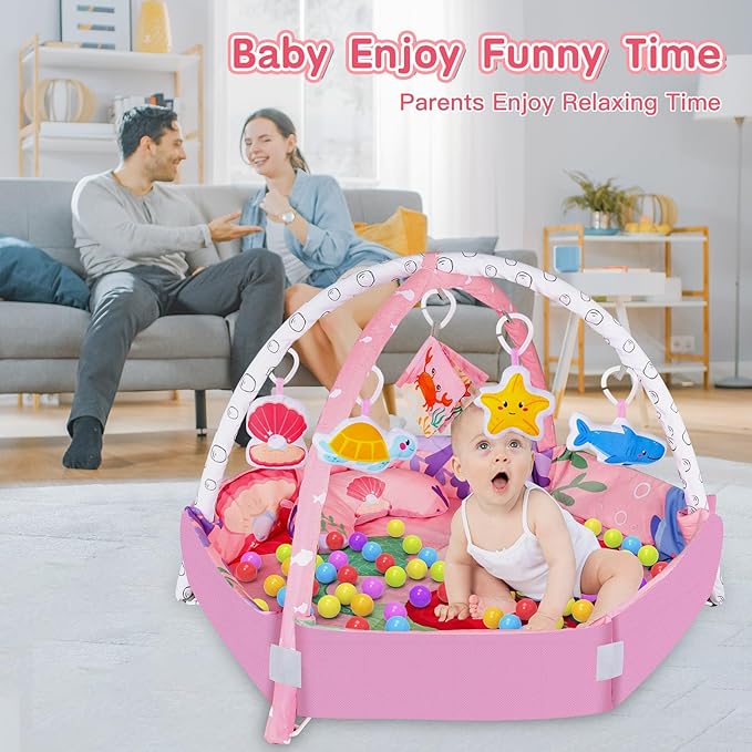 8-in-1 Tummy Time & Ball Pit, Baby Play Gym Floor Mat, Activity Mat for Infants & Toddlers 0-12 Months (Pink)