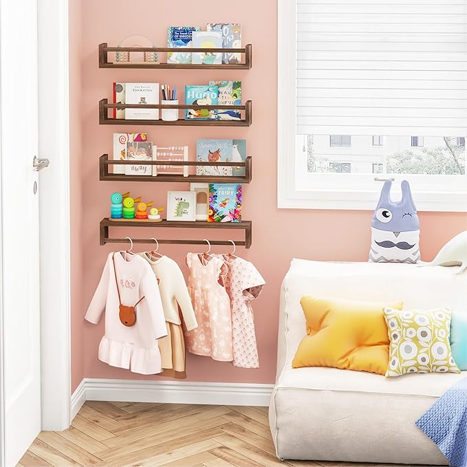 Fixwal Nursery Book Shelves, 23.6 Inch Floating Bookshelves for Wall Set of 4, Baby Nursery & Playroom Decor, Solid Wood Wall Mounted Shelves for Books and Toys Storage (Brown)