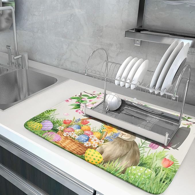 Easter Bunny Colorful Eggs Dish Drying Mat for Kitchen Counter,Spring Flowers Green Grass Drying Mat 18 x 24 Inch with High Absorbent Microfiber Drainer Mat for Coffee Bar