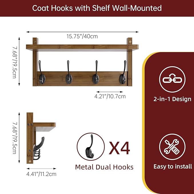 STELLSTAR Coat Rack with Shelf Wall Mount, Entryway Bamboo Hanging Shelf, Set of 2, Wall Hook Rail for Hallway Décor, Storage Clothe, Hat, Robe, Key, Dog Leash (Walnut)