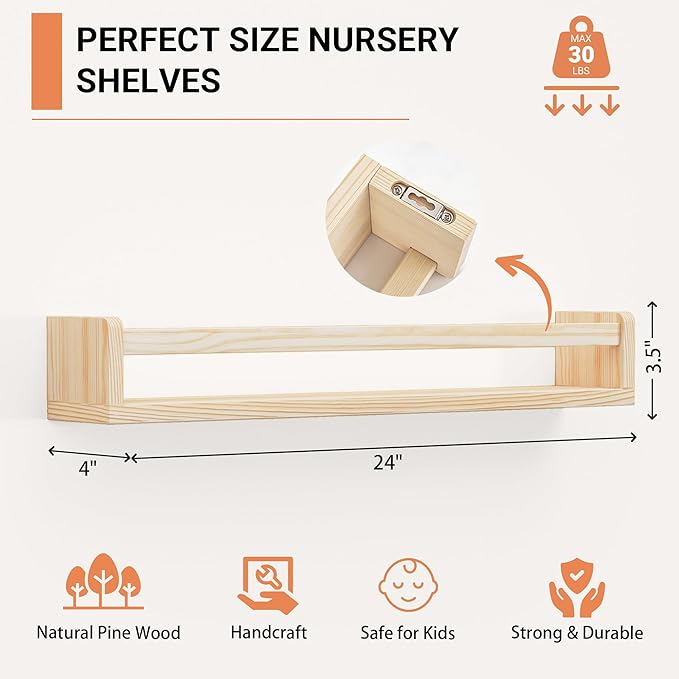 Heimlove Nursery Floating Shelves, Solid Wood Nursery Book Shelves for Wall, 24 inch Bookshelf for Kids for Books, Wall Mounted Shelves for Toys and Decor Storage, Set of 3 (Natural)
