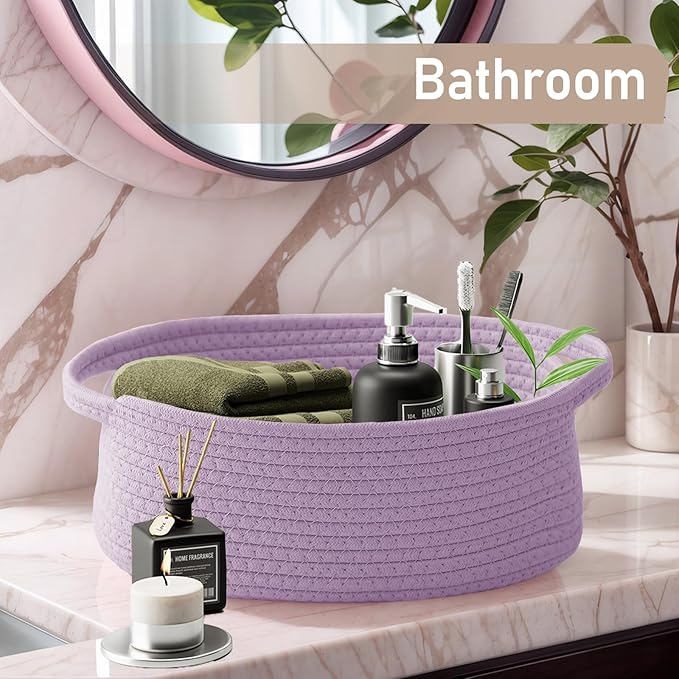 JMvicyroam Woven Basket,Small Rope Storage Bin with Handles & Ribbon Bag, Organizer for Shelves Closets,Gift Basket Empty for Birthday,Books,Dog Toys, Purple/2 Pack