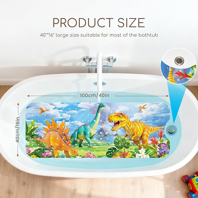 Omedecal Baby Bath Mat for Tub, Non Slip Kids Bath Shower Mat, 40 X 16 Inch Large Bathtub Mat with Drain Holes and Suction Cups for Toddlers, Machine Washable and Waterproof (Dinosaur)