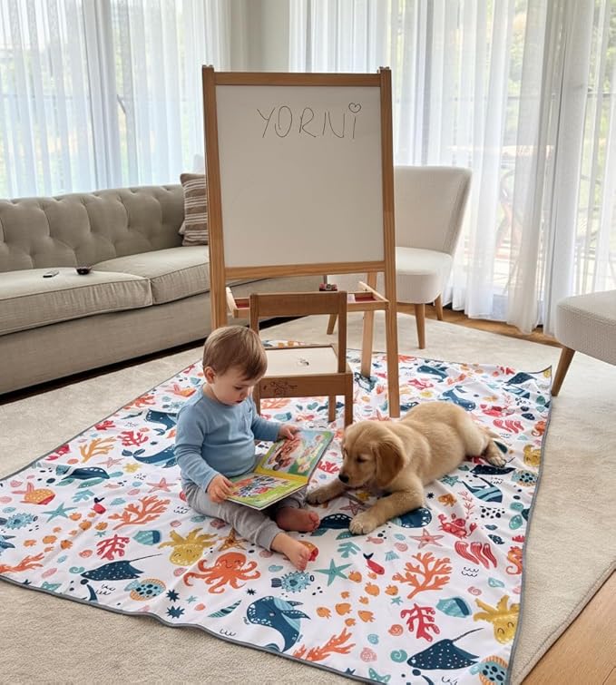 Waterproof High Chair Splat Mat – Machine Washable Floor & Table Protector for Baby Feeding, Art & Crafts, Outdoor Use (Ocean, 114x98 Inch)