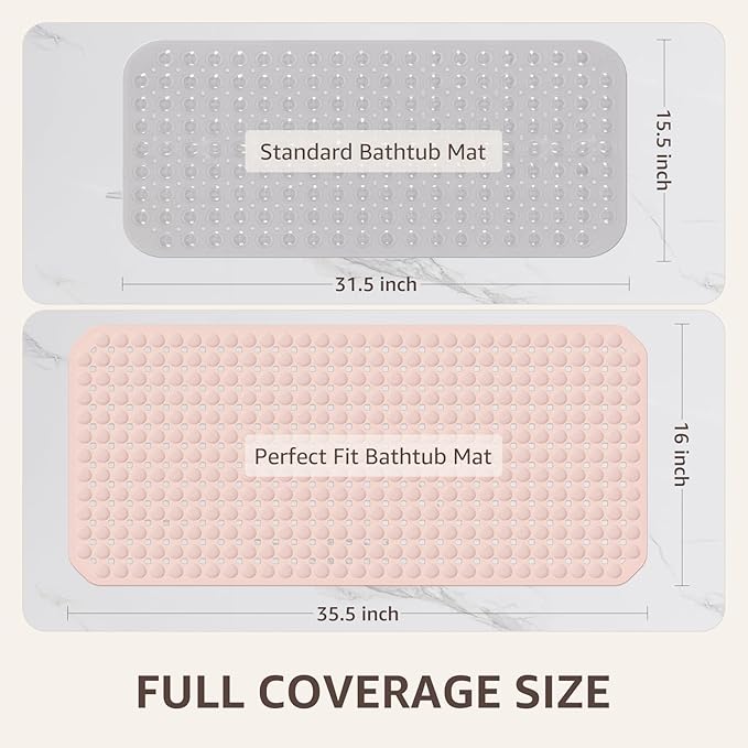 OTHWAY Bath Tub Shower Mat Non Slip, Bathtub Floor Liner Mats for Inside Shower Bathroom, Suction Cups and Drain Holes for Feet Scrubbing, Machine Washable, Soft on Feet, 35x16 Inch, Light Pink