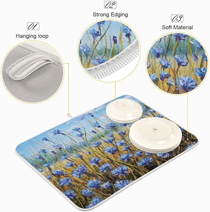 Absorbent Dish Drying Mat for Kitchen Counter - Oil Painting Flowers Microfiber Drying Pad, Reversible Drainer Mats for Countertop, Large 18" x 24"
