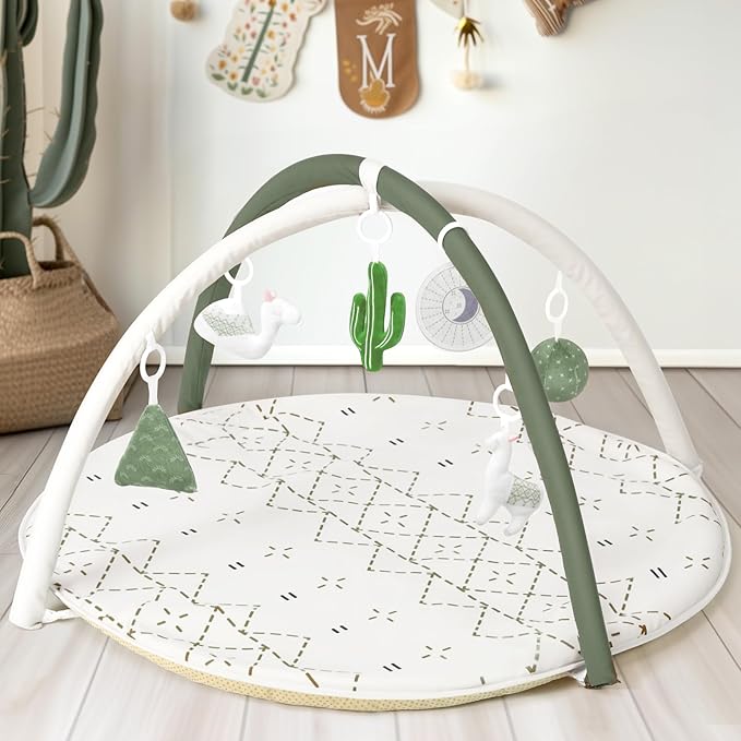 Little Dove Tummy Time Mat with 6 Toys, Macrame Baby Play Mat for Newborn, Baby Gym with 12 Milestone Cards, Stage-Based Sensory and Motor Skill Development Baby Play Gym, Non Slip Mat Washable, Green