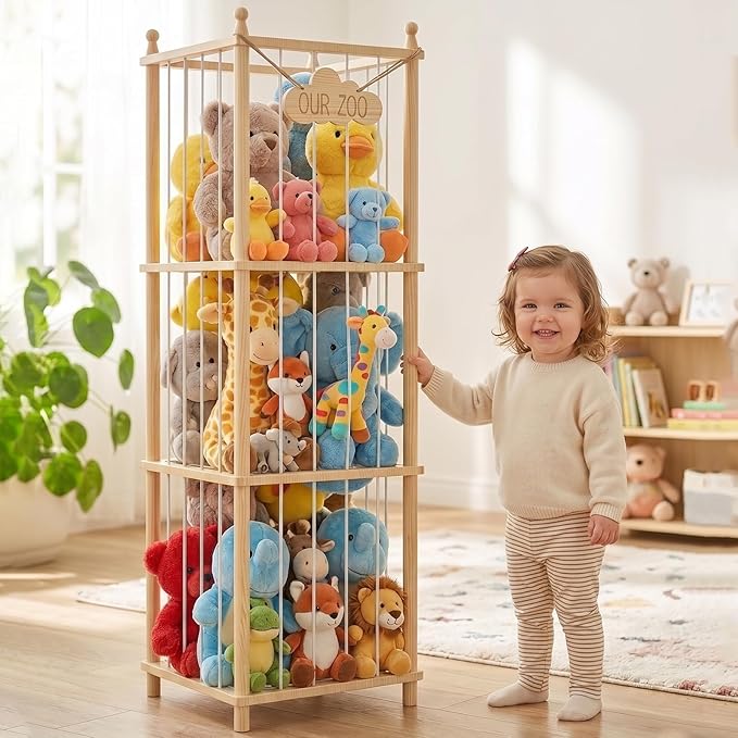 Stuffed Animal Storage Zoo - 54 Inch Large Wooden Toy Organizer | Anti-Tip Design Plushie Storage Rack for Nursery & Playroom | Easy Assembly