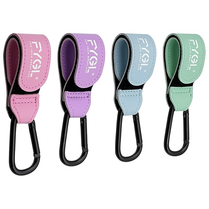Stroller Hooks - Leather Buggy Clips, Pushchair Carabiner Clip for Bags, Easy Attachment for Pram, Universal Stroller Clips and Hooks, Stroller Accessories - Macaron (4 Pack)