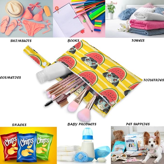 visesunny Bulldog Eatting Watermelon Yellow Stripe Cartoon Animal 2Pcs Wet Bag with Zippered Pockets Washable Reusable Roomy for Travel,Beach,Pool,Daycare,Stroller,Diapers,Dirty Gym Clothes, Wet Swims