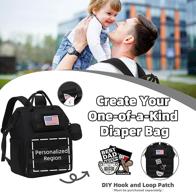 ROSEGIN Diaper Bag Backpack for Dad and Men, Large Travel Baby Bag with Changing Pad, Pacifier Case, Removable Flag Patch - Baby Shower Gifts - Shadow Black