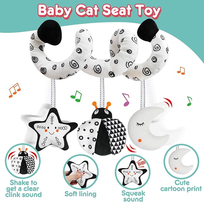 Baby Spiral Hanging Stroller and Car Seat Toys Black and White High Contrast Sensory Toy Newborn Plush Activity Toys Party Favors Quality Baby Shower Valentine's Gifts