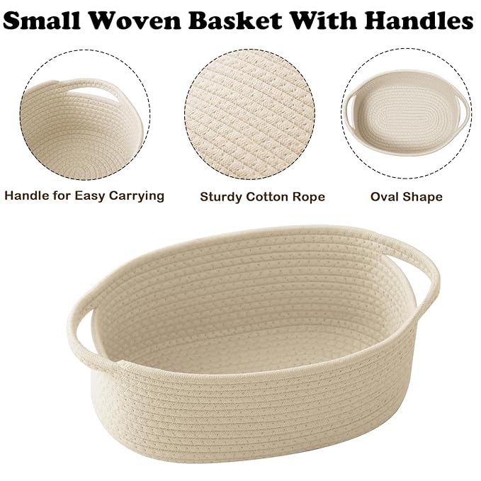 Small Woven Rope Basket-Empty Gifts Basket with Bag and Ribbons,Cute Handle Organizer Box for Birthday/Baby Shower, Toy Storage, Nursery Organizing & Shelf Decor(Cream)