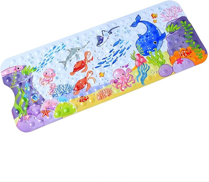 Non-Slip Bath Mat for Kids - Cartoon Sea Animal Shower Mat with Anti-Slip Suction Cups, Machine Washable - 40 x 16 Inch, 100 x 40cm - Whales