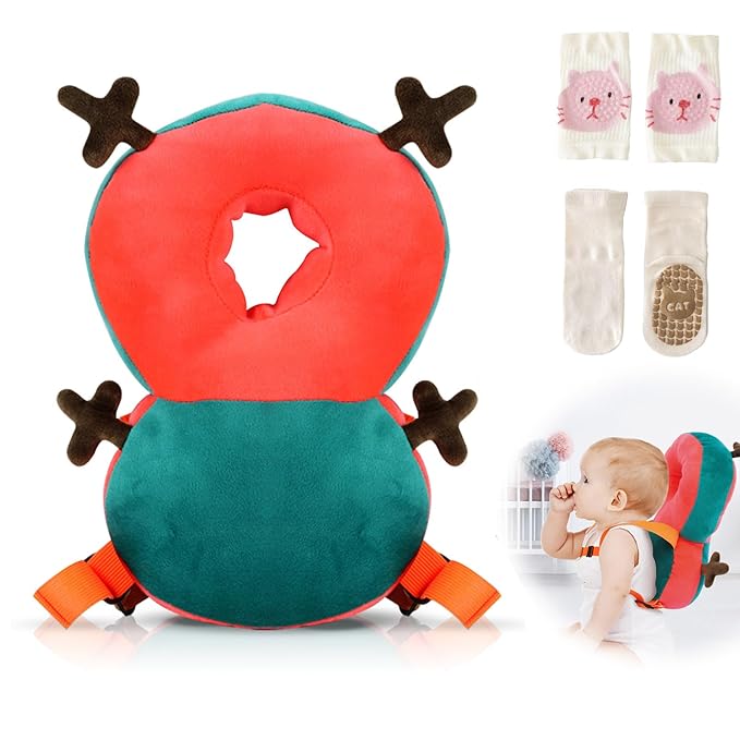 WKC Baby Head Protector Backpack with Knee Pads & Non-Slip Socks, Toddler Safety for Crawling & Walking (Style 1)