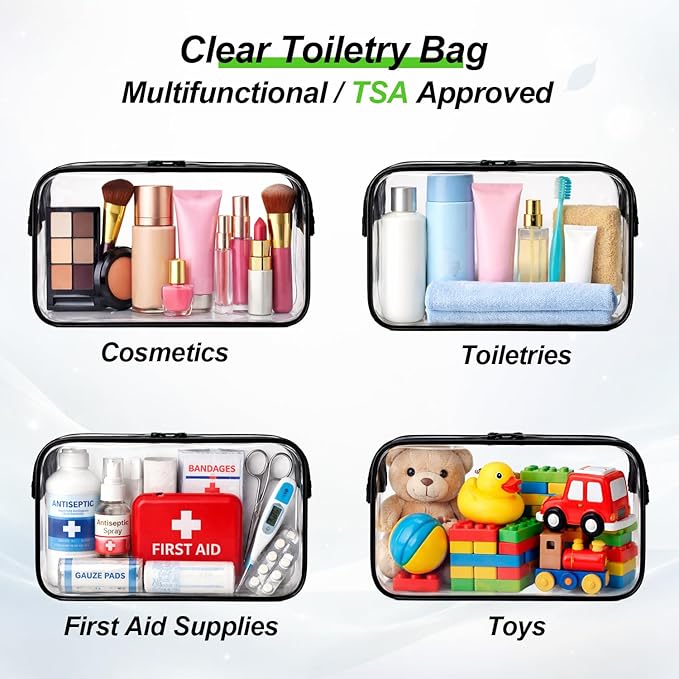 3 PCS Clear Travel Toiletries Bag, CAA Approved Waterproof Toiletry Bags, Clear Makeup Bags PVC Cosmetic Bag, Travel Essentials