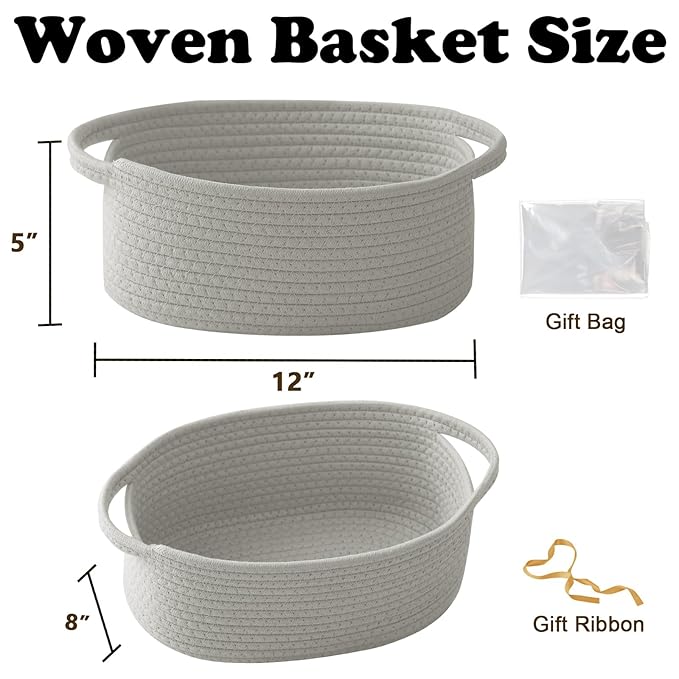 3 Pack Small Woven Rope Basket-Empty Gifts Basket with Bag and Ribbons,Cute Handle Organizer Box for Birthday/Baby Shower, Toy Storage, Nursery Organizing & Shelf Decor(Grey)