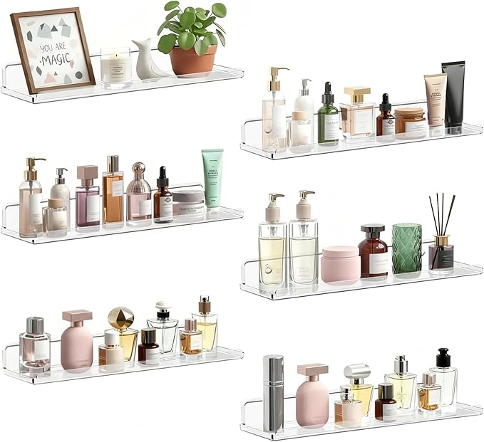 Lifewit Floating Shelves 6 Pack, 15" Acrylic Room Decor Shelves for Book/Figures/Photo/Makeup, Clear Wall Shelf for Bathroom, Living Room, Bedroom, Kitchen Storage and Organization 38 x 9 cm/15x4