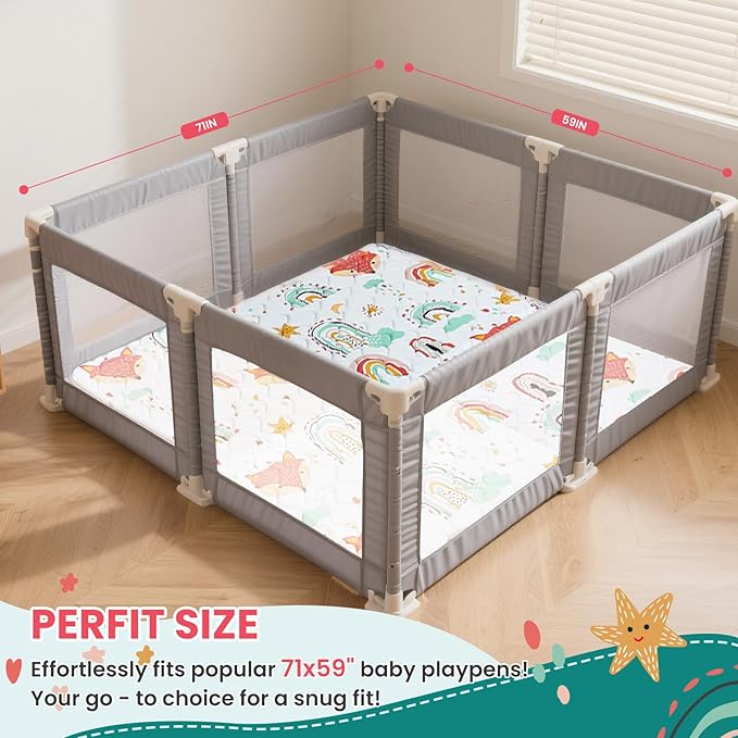 Duwenem Baby Play Mat for Floor,71x59 Inch Soft Foam Padding Crawling Mat for Playpen, Foldable and Machine Washable, Thick for Babies & Toddlers,Rainbow Fox