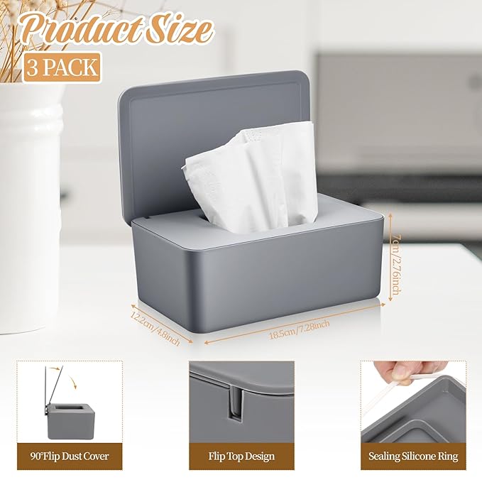 COMNICO Baby Wipes Dispenser 3 Pack Wipe Holder for Baby & Adult Refillable Baby Wipes Cases with Lid Toilet Container for Bathroom Home Office Cars