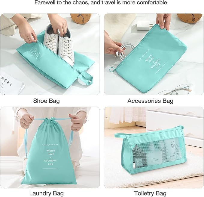 8 Set Packing Cubes for Suitcases, Packing Cube with Shoe, Cosmetics, Clothing, and Accessories Bags Packing Cubes for Travel Luggage Organizer(Blue-Green)