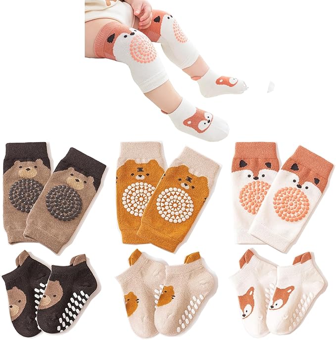 TFTSR Baby Knee Pads for Crawling (3 Pairs) and Baby Socks for Walking (3 Pairs), Walking Protector for Toddler Kid Girls Boy