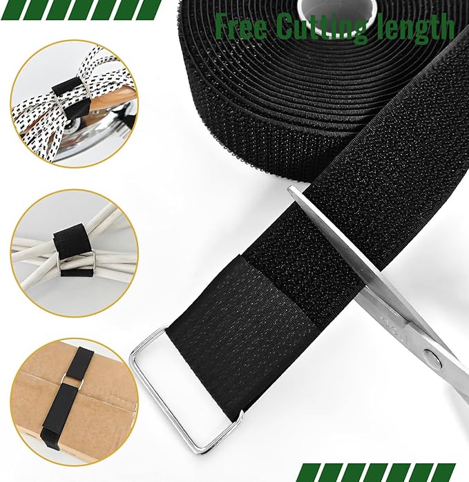 1.5 Inch x 16 Ft Hook and Loop Straps, 15 Metal Buckles, Adjustable Reusable Securing Cord Ties, Freely Cut-to-Length Cinch Strap, Suitable for Organization and Storage