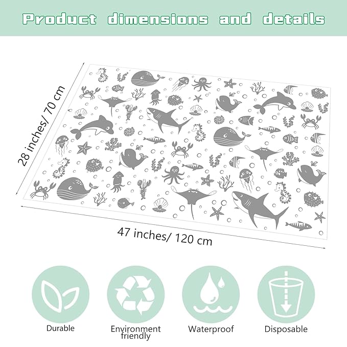 Drydiet 100 Pack 28"x47" Disposable Floor Splat Mats for Under High Chair with Animals Print, Waterproof Plastic Floor Mat Multipurpose Baby Led Weaning Supplies(Sea Animal)