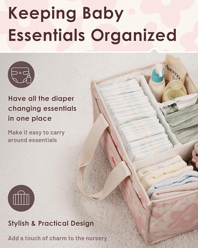 Tiny Marvels Diaper Caddy Organizer for New Parents, Baby Diaper Caddy with Water-Resistant Fabric, Structured Diaper Caddy Basket for Nursery, Car & Travel
