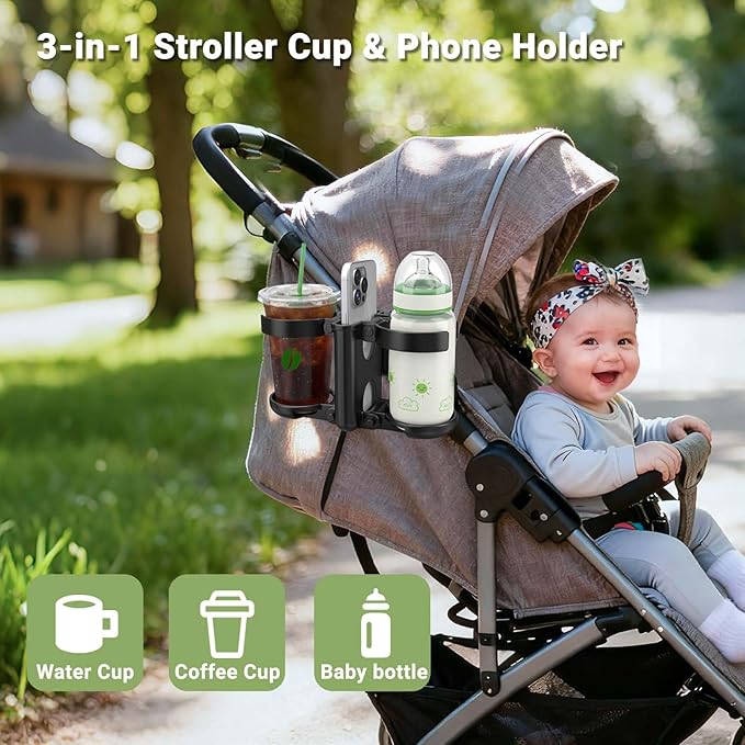 ZealSound Stroller Cup Holder, 3-in-1 Bottle Holder with Phone Holder for Wheelchair, Stroller, Bike, Walker, Scooter, Foldable Universal Drink Holder for Uppababy, Bugaboo, Nuna, Doona