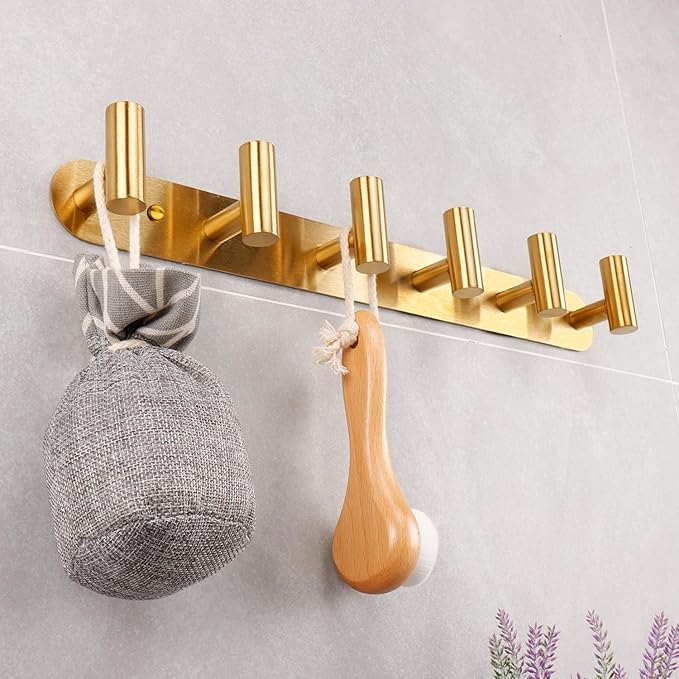 Coat Hook Rack, Wall Mounted Coat Rack with 6 Hooks, Heavy Duty Towel Hooks Rack Wall Hooks for Hanging Clothes Jacket Purse, Stainless Steel Coat Hanger for Bathroom Entryway Mudroom(Gold)