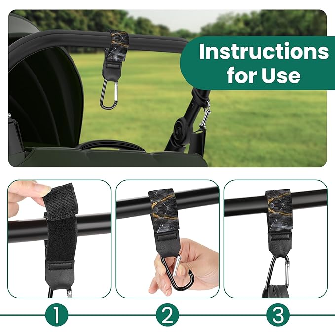 Stroller Straps, Mommy Hooks Diaper Bags, Universal Shopping cart, Wallet, Backpack - 2 Packs (Black Marble)
