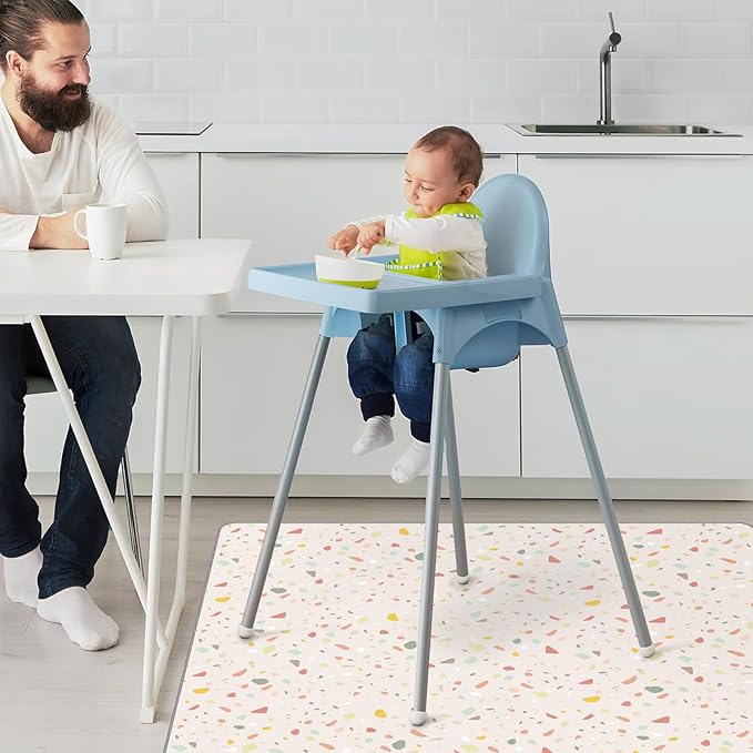 CLYMENE Splat Mat for Under High Chair | 51x51 Inch Anti-Slip Baby Splash Mat | Waterproof & Washable Spill Mat for Highchair Floor and Infant Play (Terrazzo Treasure)