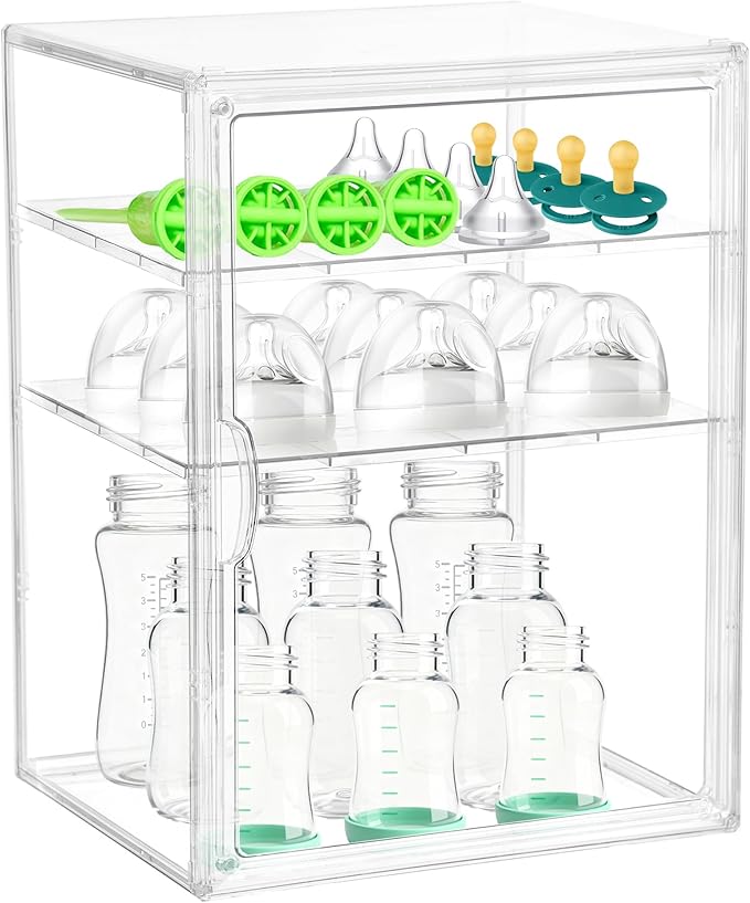 Lifelongpal Baby Bottle Organizer, 3-Tier Clear Bottle Station Organzier for Countertop Cabinet, Acrylic Storage Organizers Container with Magnetic Door for Bottles, Pacifiers, Pump Parts