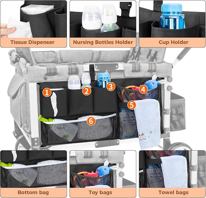 Stroller Wagon Cargo Net, Wagon Accessories Organizer Compatible with WONDERFOLD W-Series Models, Large Capacity Mesh Cargo Storage Bag with Sorting Pockets Compatible with Keenz Wagon