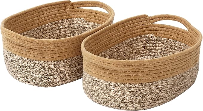 JMvicyroam Woven Basket,Small Rope Storage Bin with Handles & Ribbon Bag, Organizer for Shelves Closets,Gift Basket Empty for Birthday,Books,Dog Toys, Jute&Brown/2 Pack
