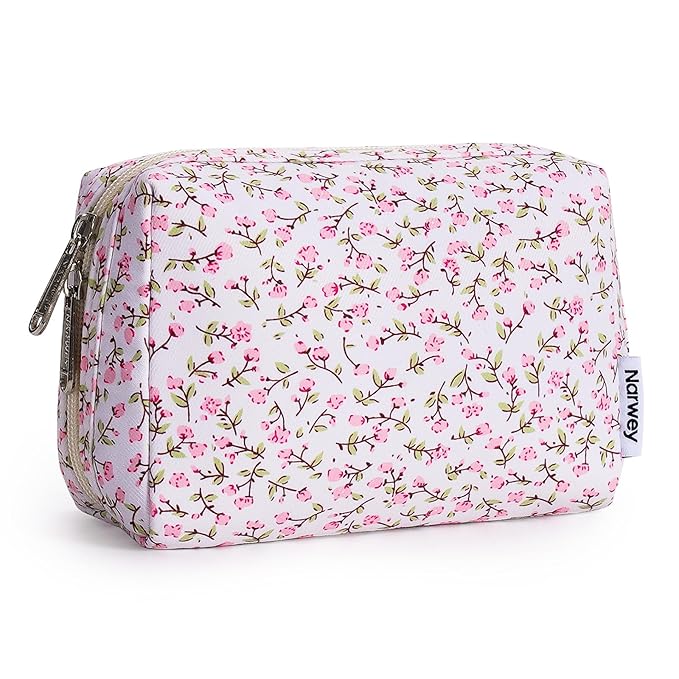 Narwey Small Cute Floral Makeup Bag for Purse Mini Cosmetic Bag Travel Makeup Pouch Zipper Pouch Cute Make up Bags with Compartments for Women Girls (Green Leaves and Flower, Small)