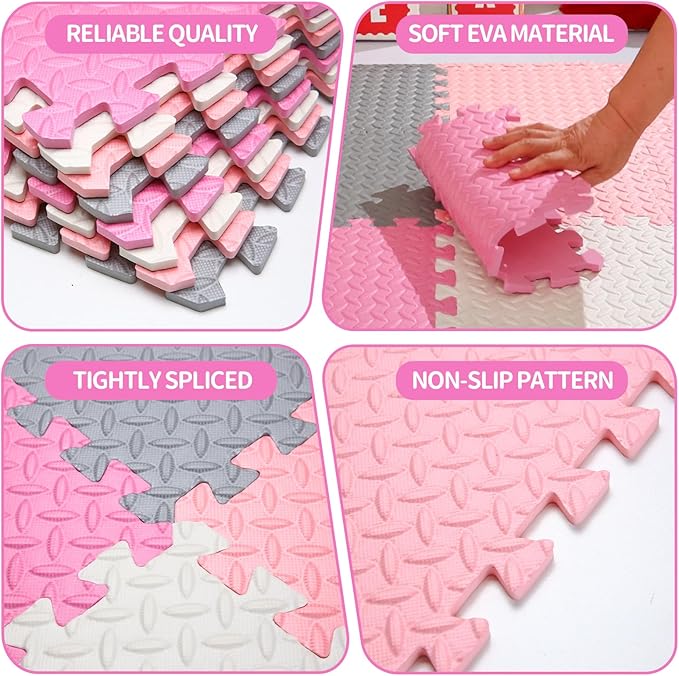 Coolcandy Baby Foam Play Mat 16Pcs with Edge Strips, 4 Colors Interlocking Floor Tiles, 0.4″ Thickened Non-Slip Puzzle Floor Mat for Infants Toddlers Playroom & Daycare